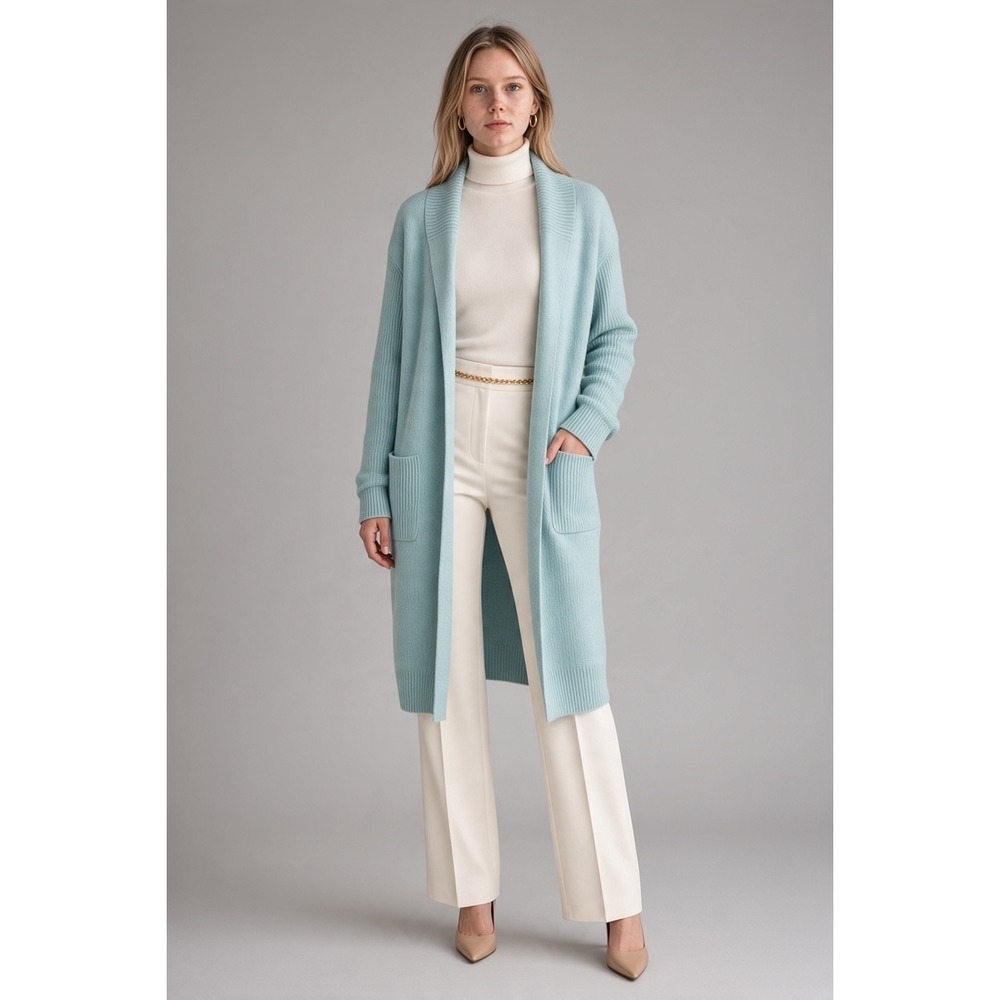 Spanner 100% Wool Longline Shawl Collar Cardigan Sweater Aqua Blue Size Large